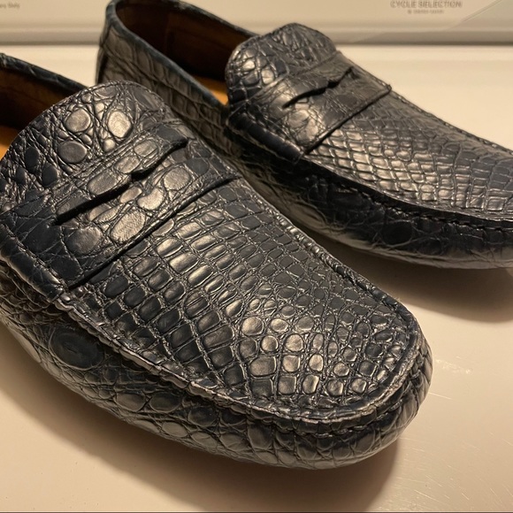 a. testoni Rare Navy Blue Crocodile Penny Loafers - Picture 6 of 17